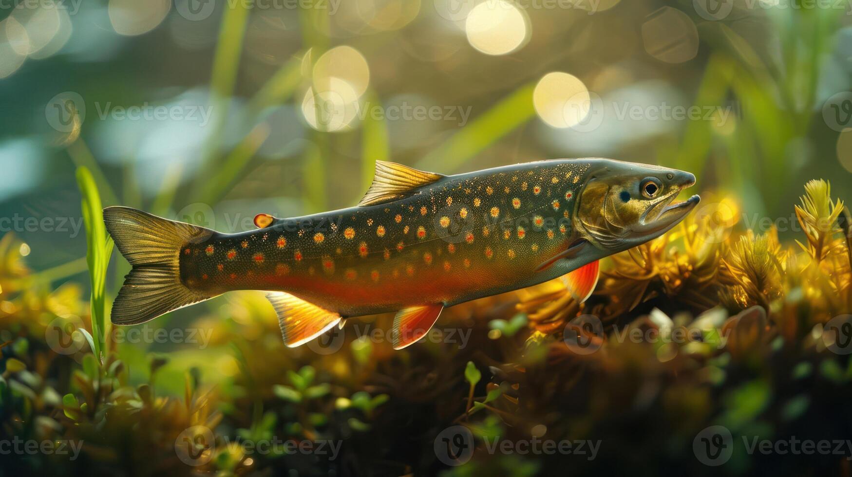 Colorful trout swimming among vibrant aquatic plants in a serene, sunlit underwater scene photo