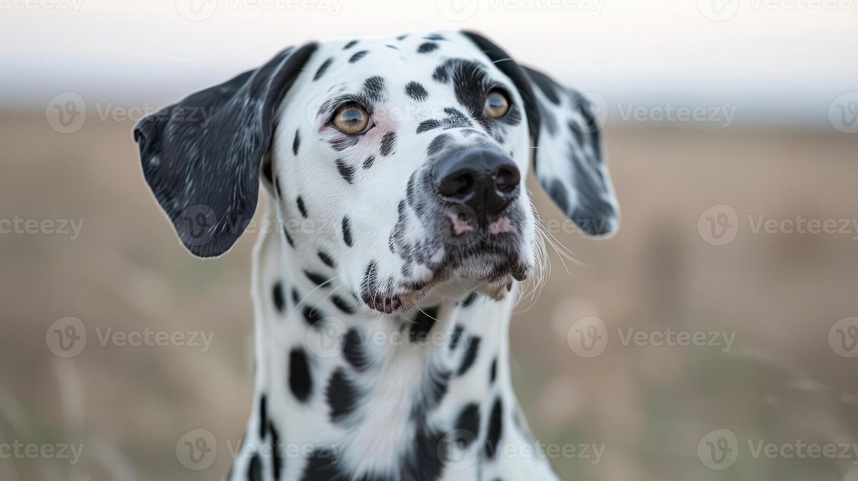 A close-up portrait of a Dalmatian dog gazing thoughtfully in a serene outdoor setting photo
