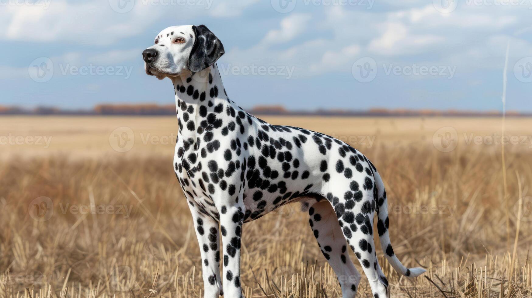 A majestic Dalmatian standing proudly in a golden field under a bright blue sky photo