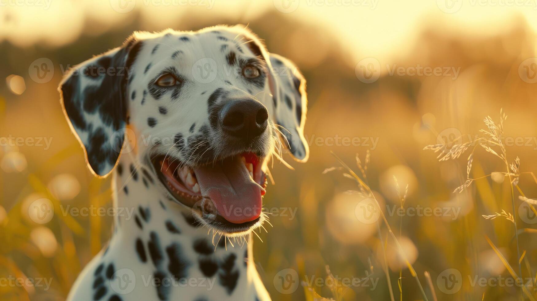 Happy Dalmatian dog smiling in a sunlit field with wildflowers during golden hour photo