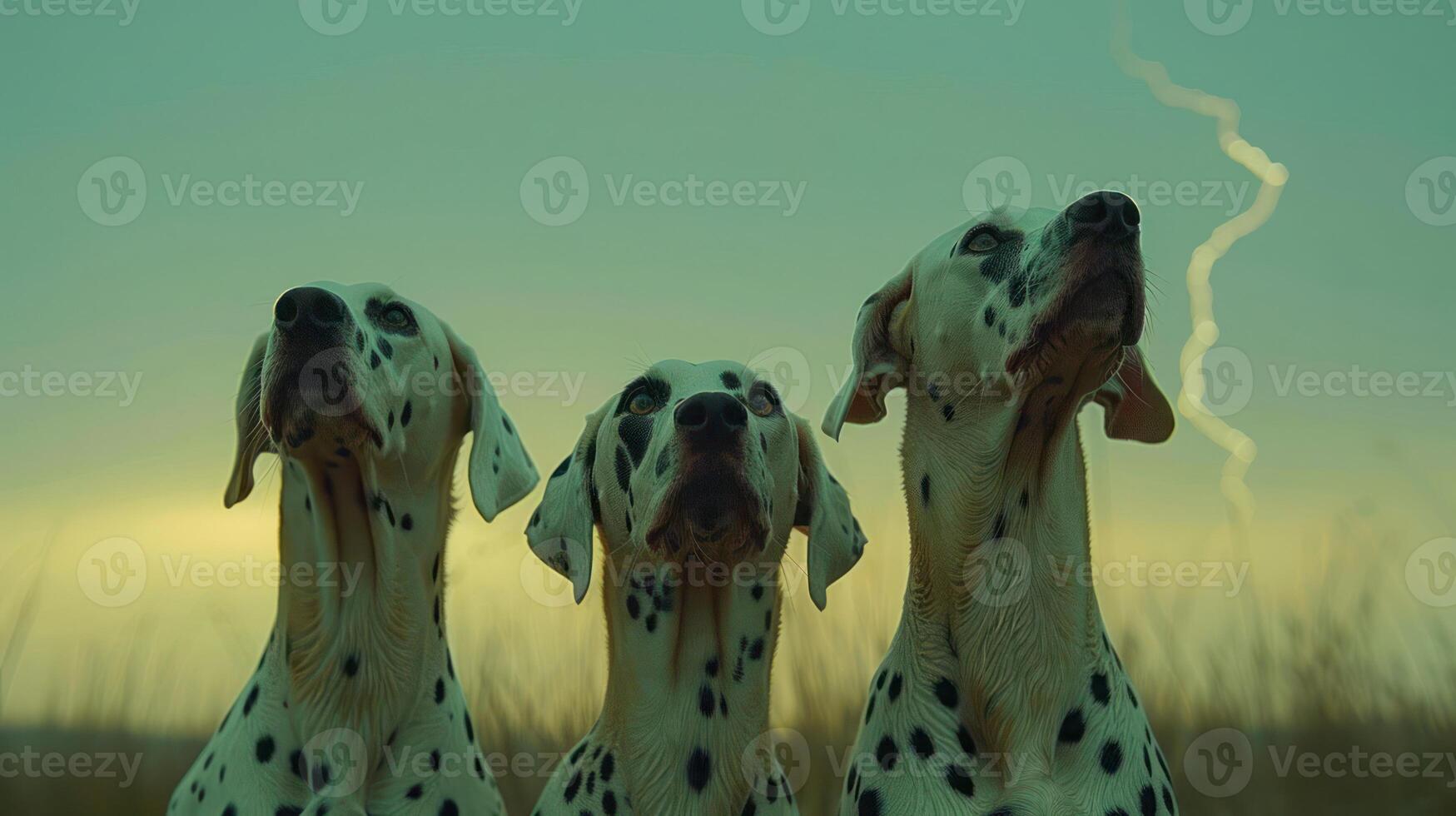 Three Dalmatians gazing at a stormy sky with lightning in the background during twilight photo