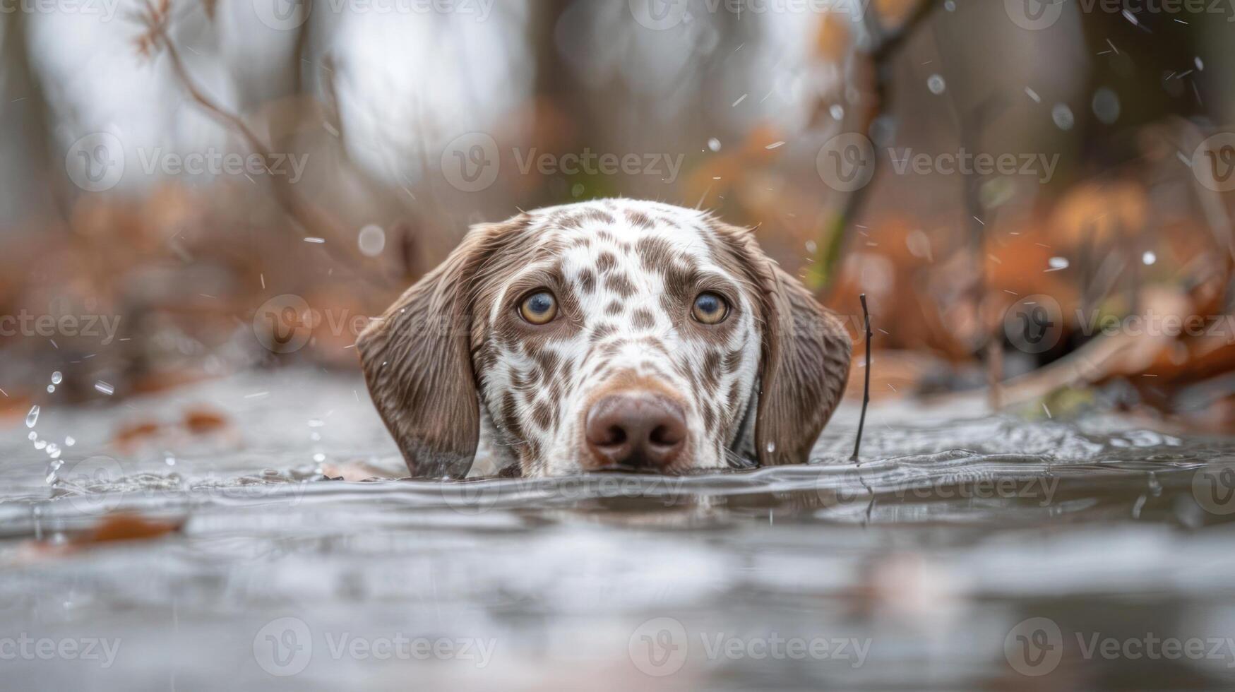 A spotted dog swimming through a forest pond, surrounded by autumn leaves and splashing water photo