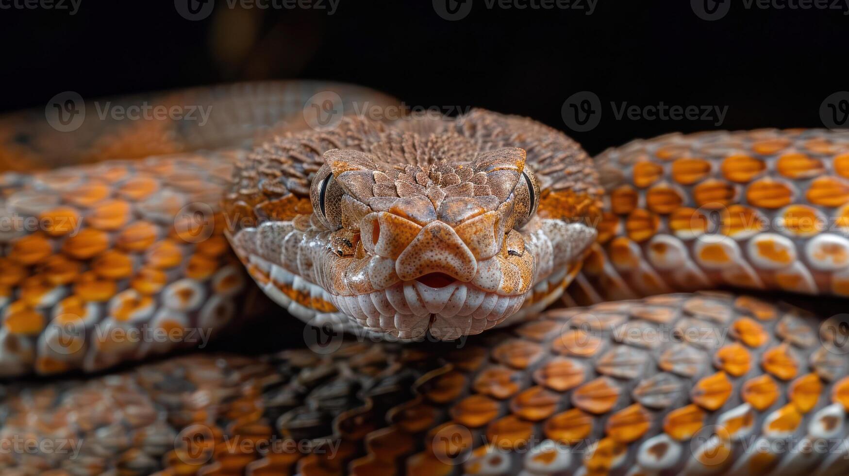 Close-up of a vividly colored snake resting on a dark surface, showcasing its intricate patterns photo