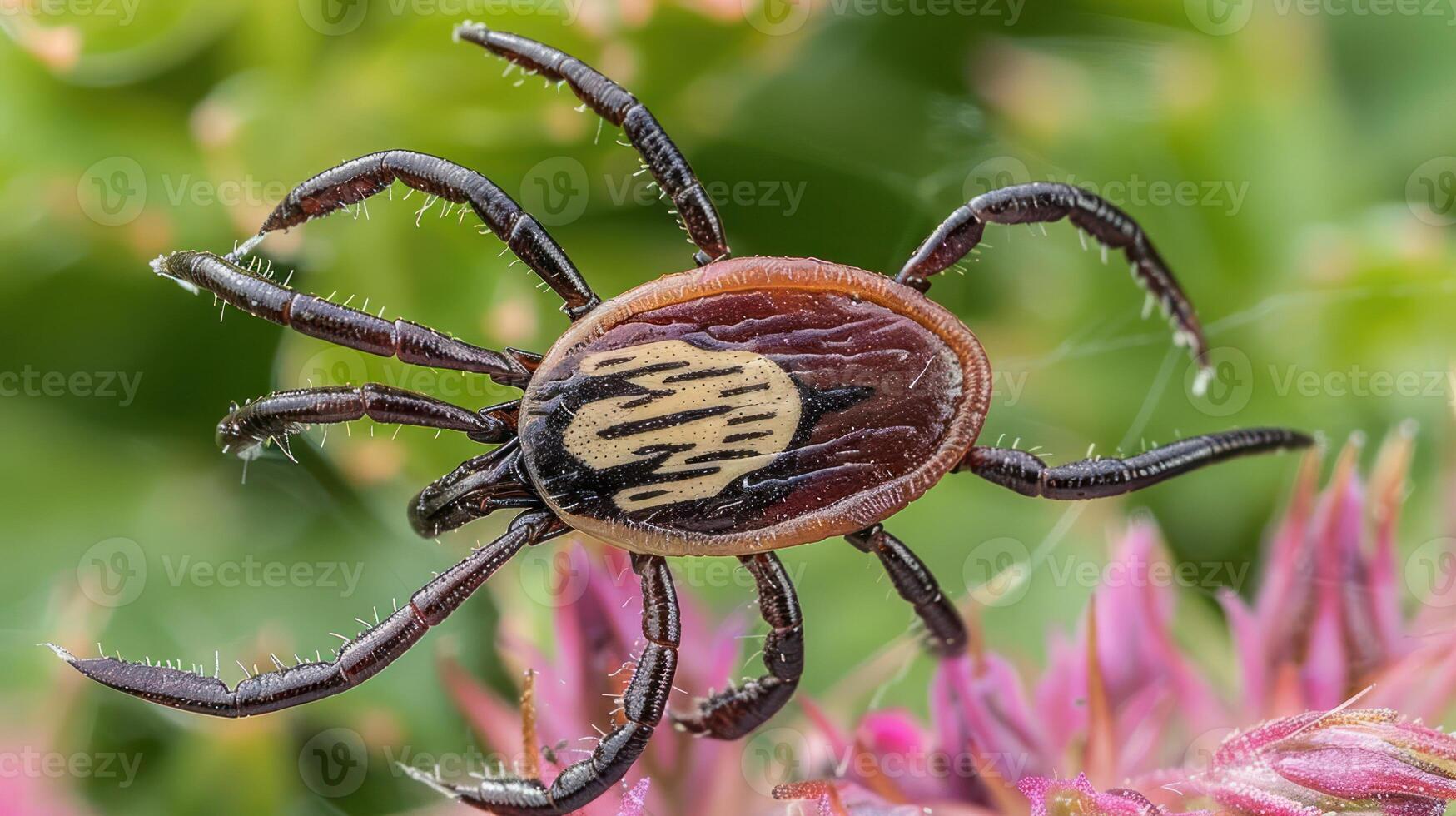 Close-up of a tick perched on vibrant green foliage, showcasing its intricate patterns and textures photo
