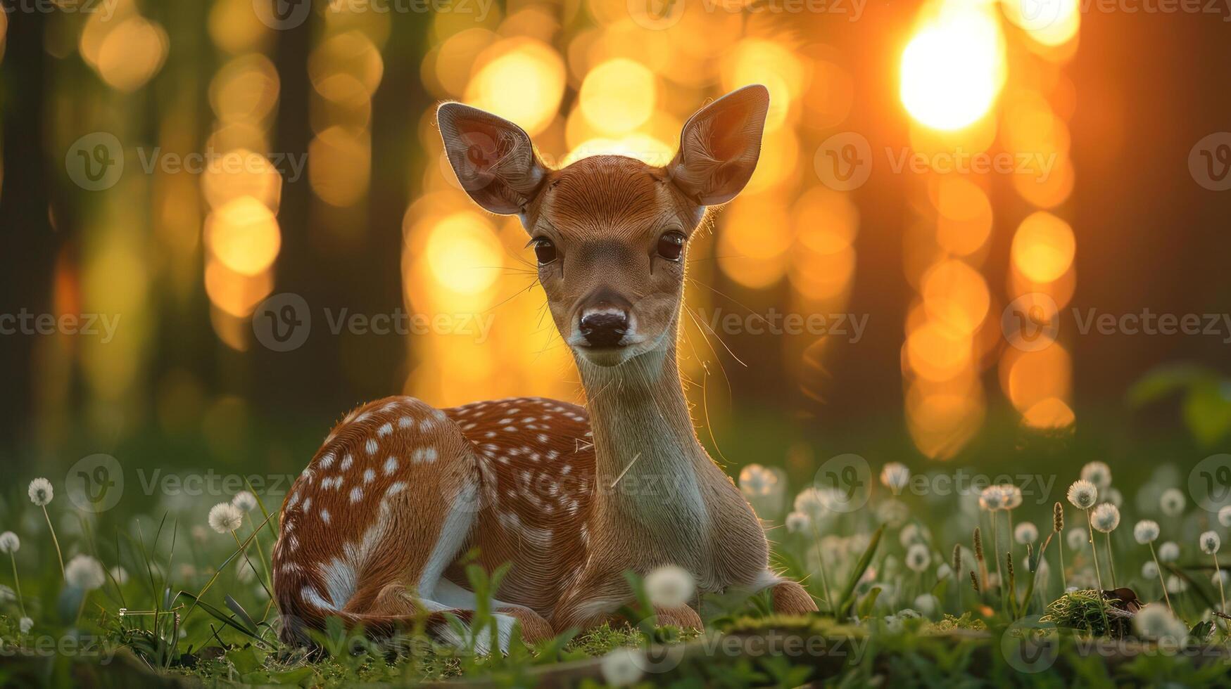 A serene fawn resting among dandelions in a sunlit forest, with soft bokeh in the background photo