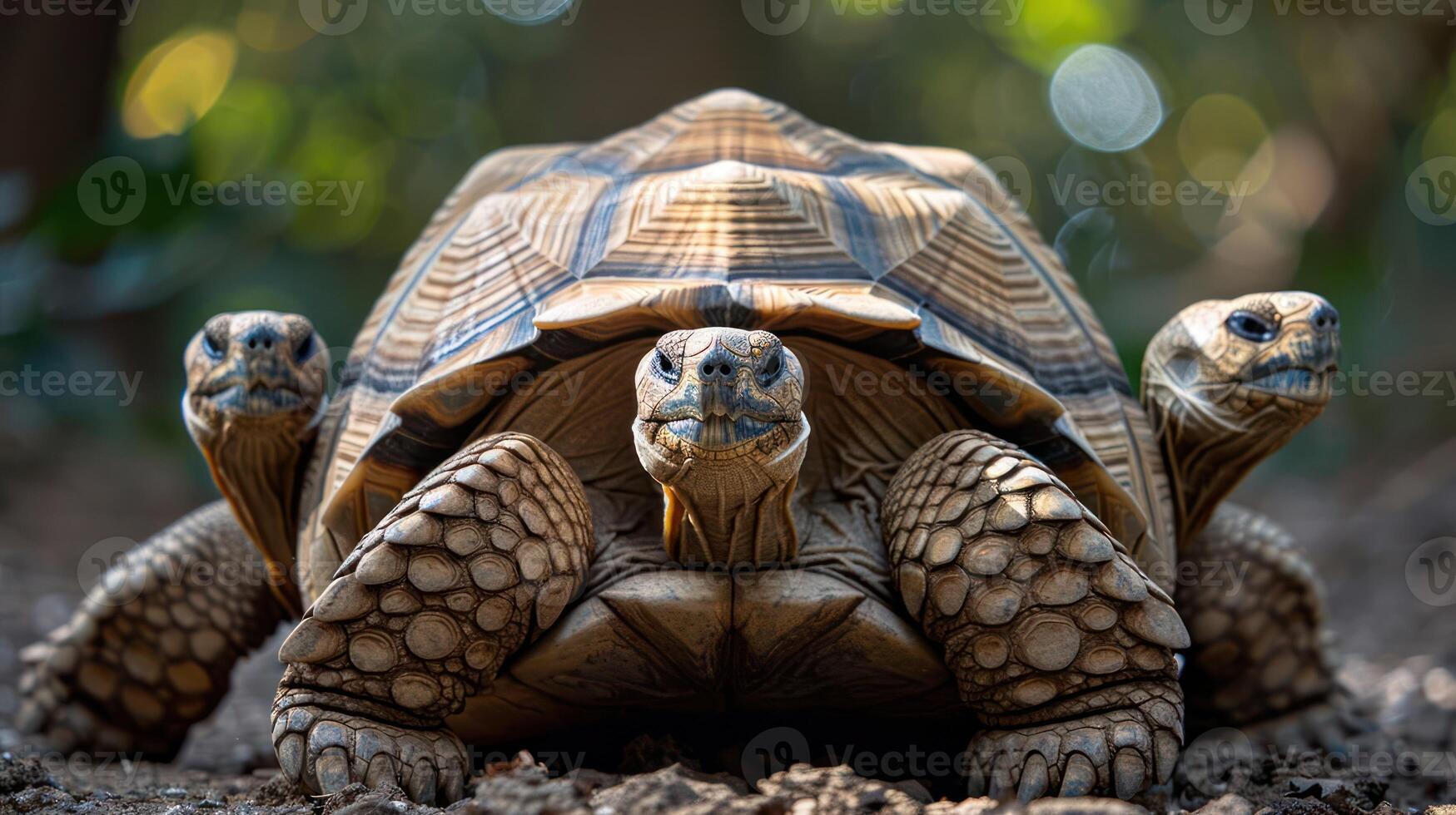 Three-headed tortoise in a lush green environment with blurred foliage in the background photo