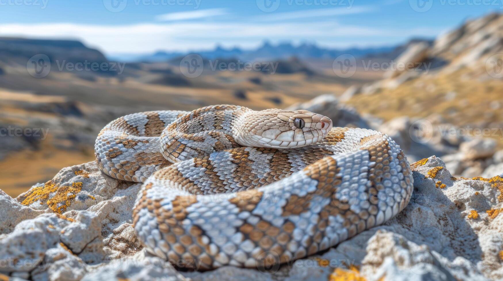 A close-up of a coiled snake resting on rocky terrain with a mountainous landscape in the background photo
