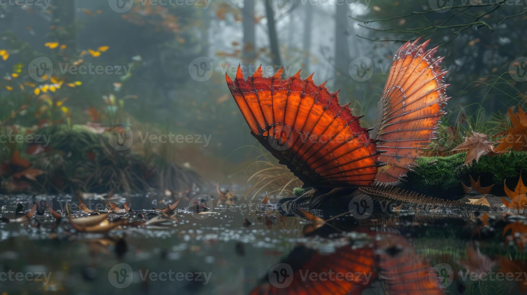 A vibrant, mythical creature with fiery wings resting by a serene forest pond surrounded by autumn foliage photo