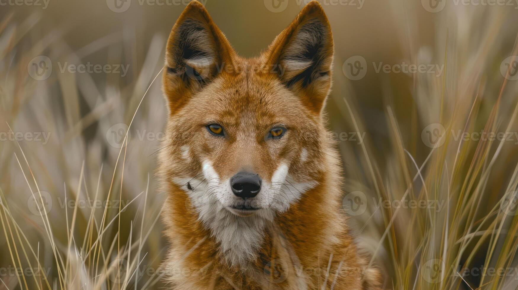 Majestic fox standing alert in a grassy field, showcasing its striking features and vibrant fur photo