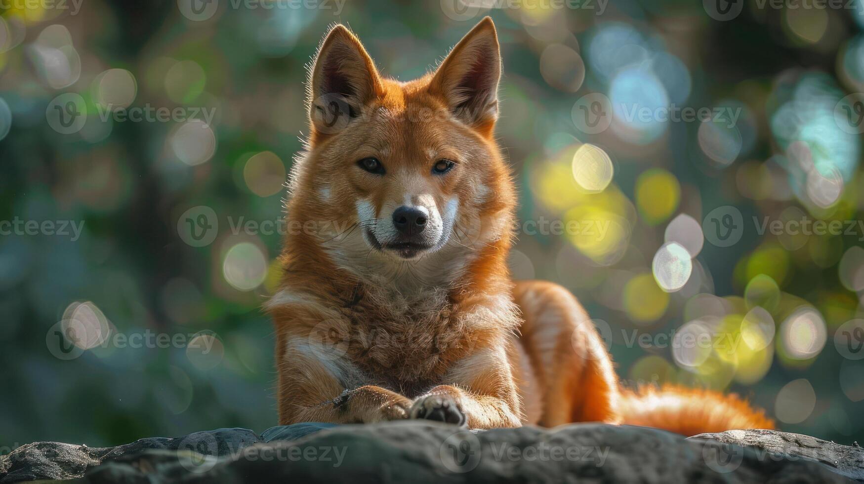 A serene dingo resting on a rock, surrounded by vibrant greenery and soft bokeh lights photo