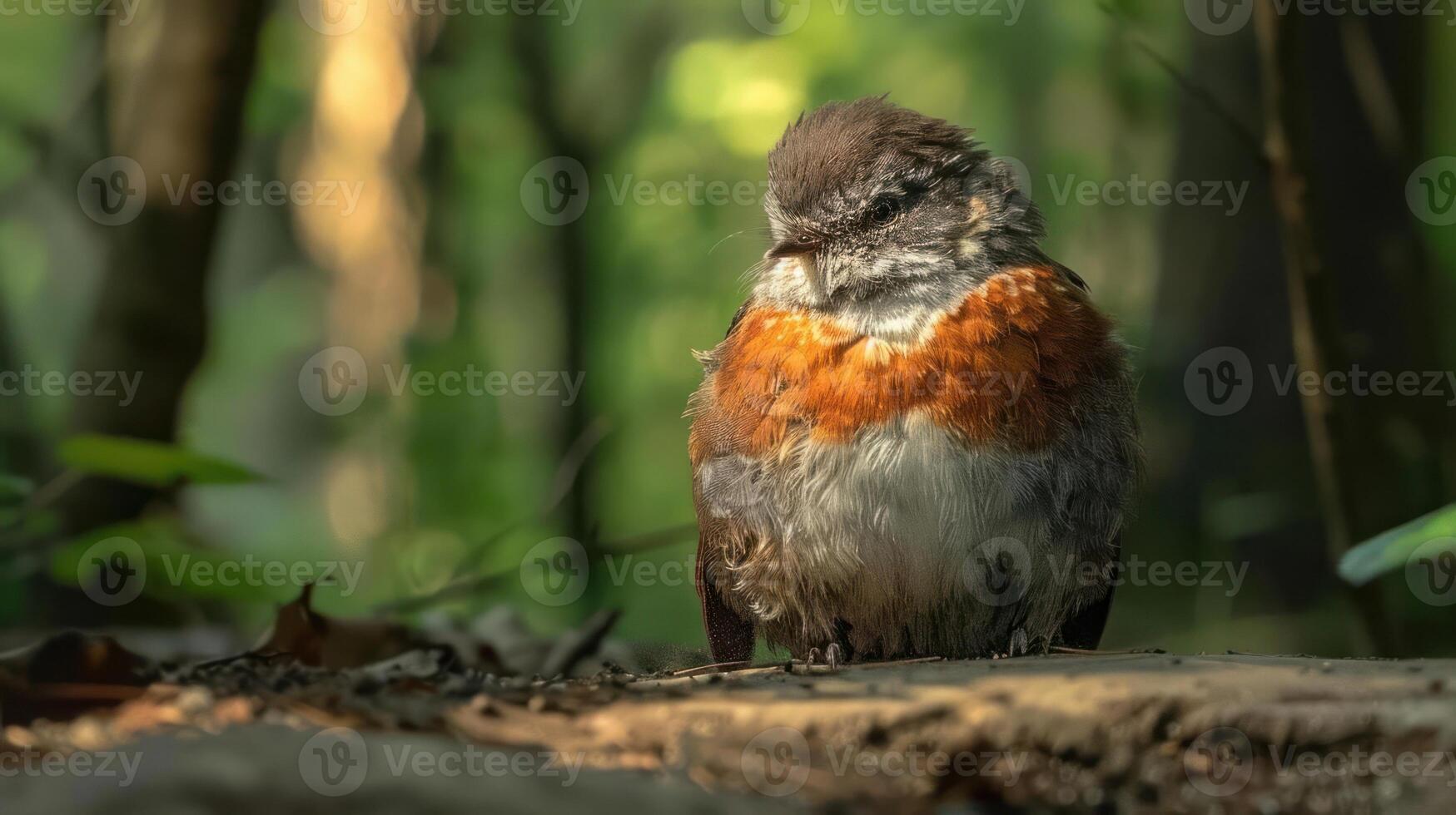 A vibrant bird perched on a log in a lush forest, surrounded by green foliage and soft sunlight photo