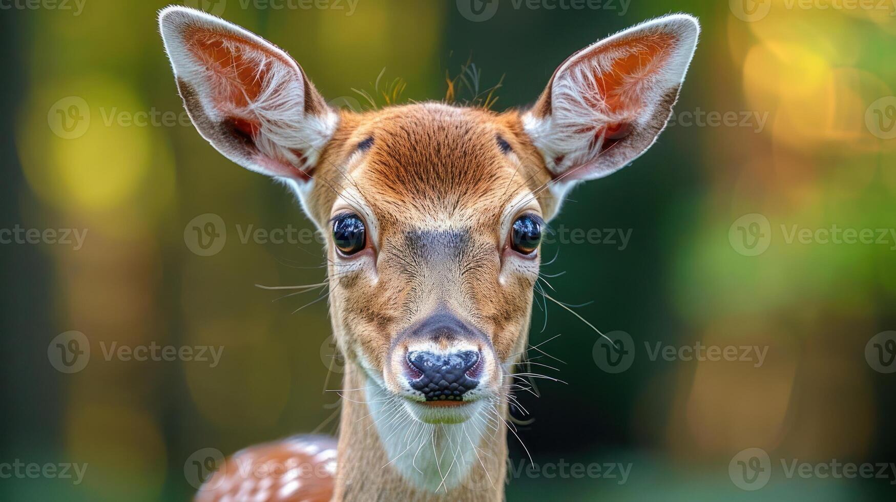 Close-up of a young deer with soft fur and bright eyes in a blurred forest background photo