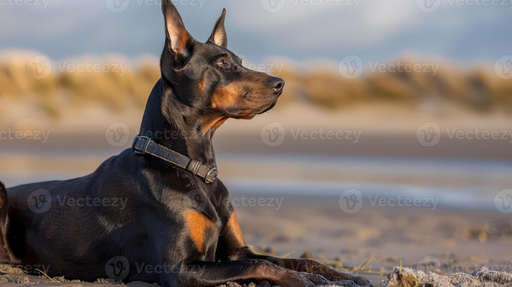 A majestic Doberman resting on a sandy beach, with gentle waves and soft clouds in the background photo