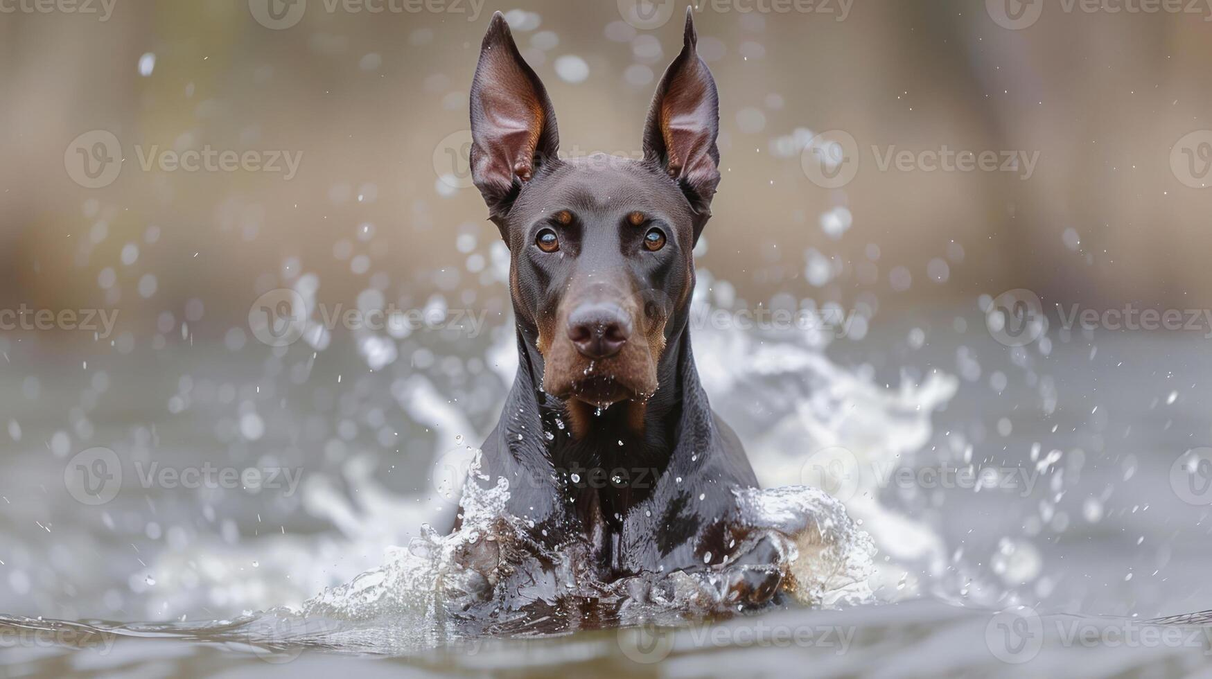 A playful Doberman dog splashes joyfully in a serene lake, surrounded by nature's beauty photo