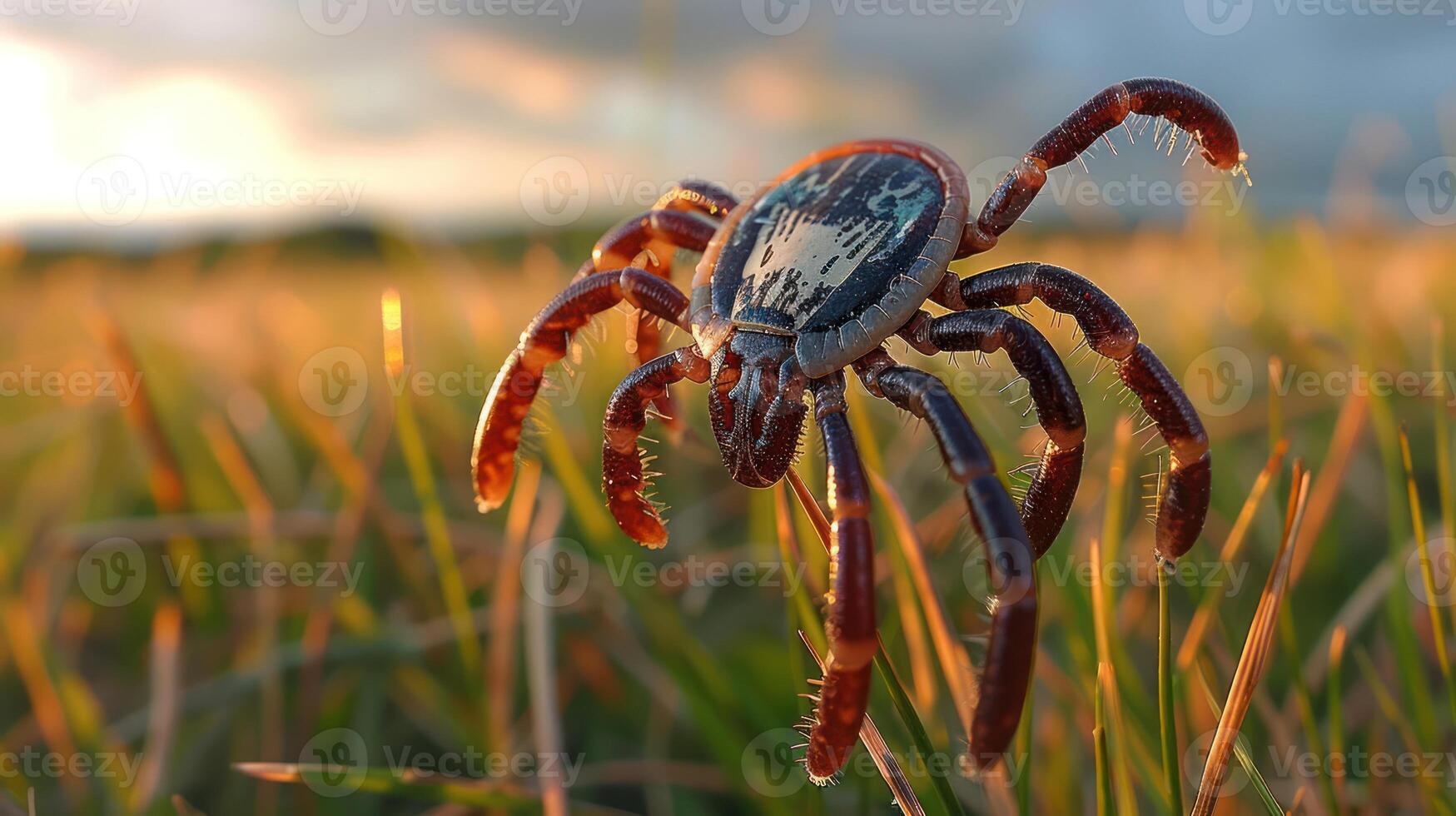 Close-up of a spider perched on grass during sunset, showcasing nature's intricate details photo