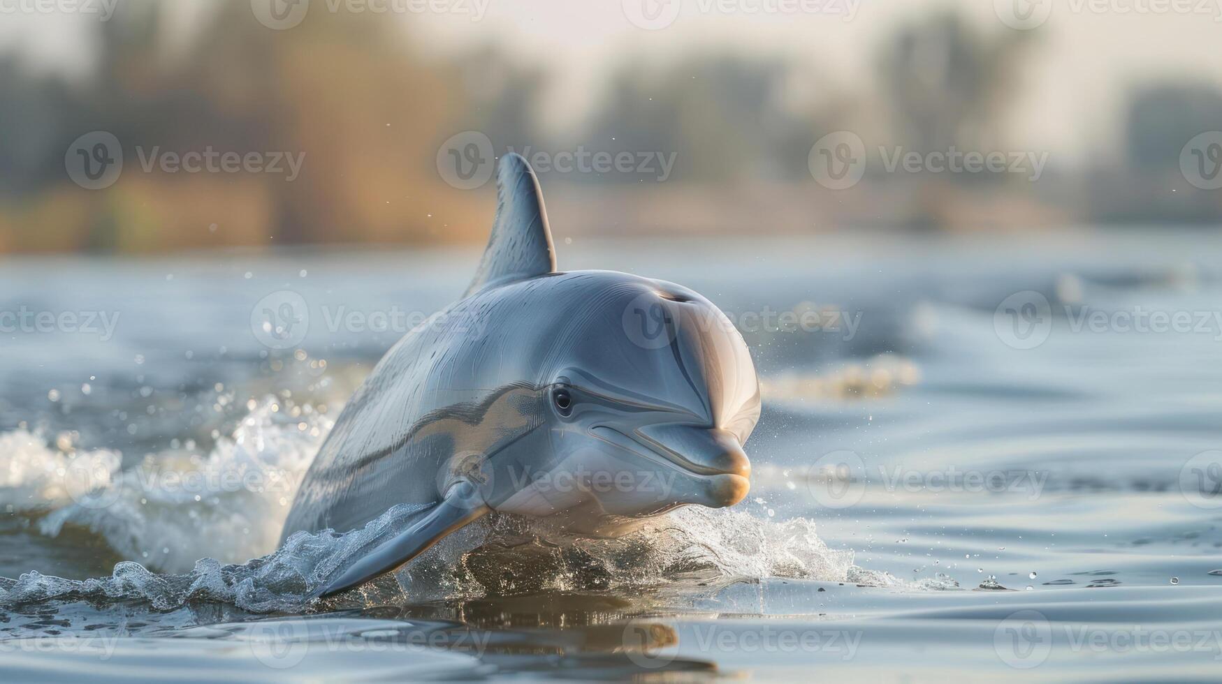Playful dolphin swimming gracefully in calm waters with a serene natural backdrop photo