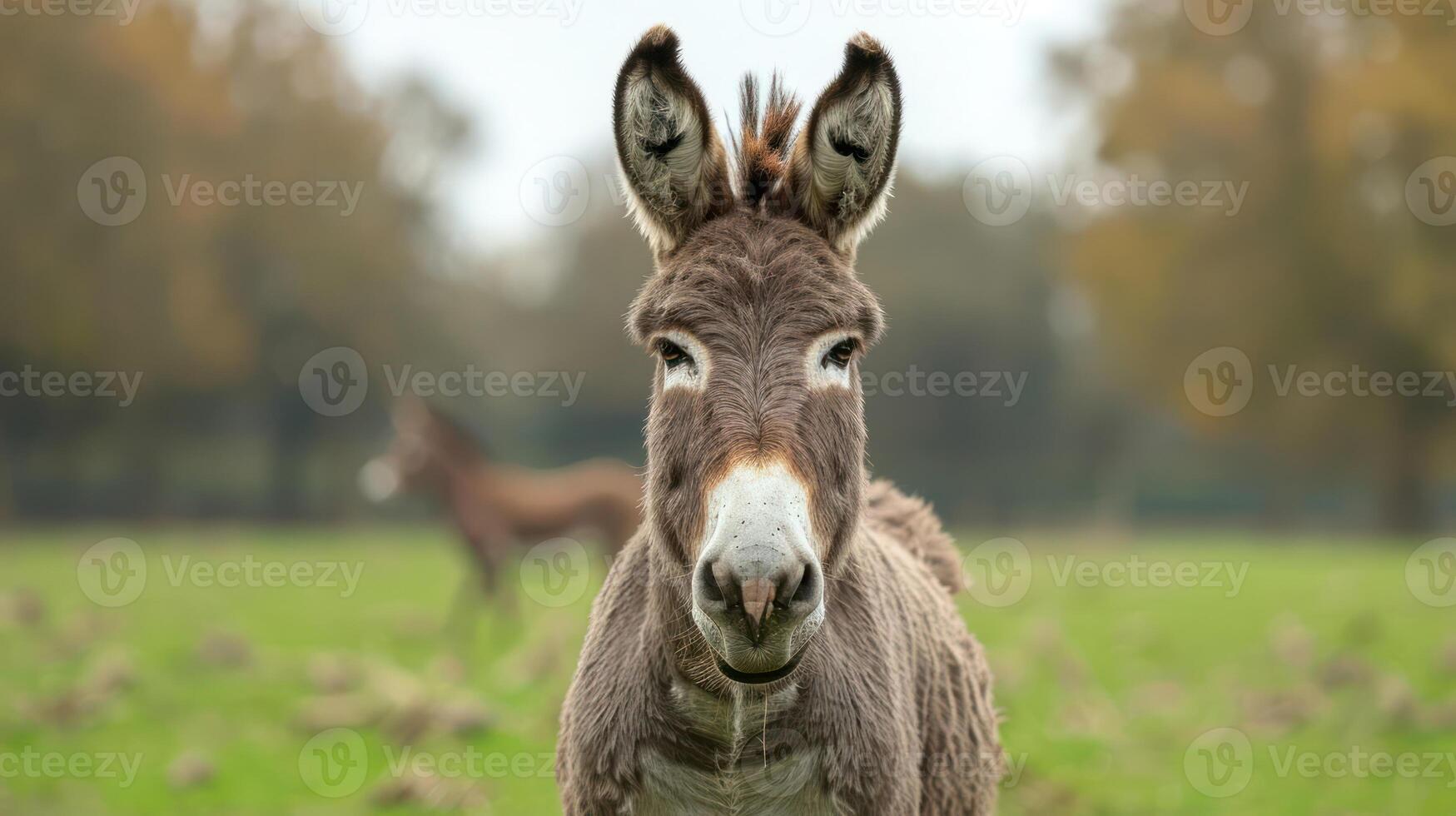 Close-up of a donkey in a green pasture with another donkey grazing in the background photo