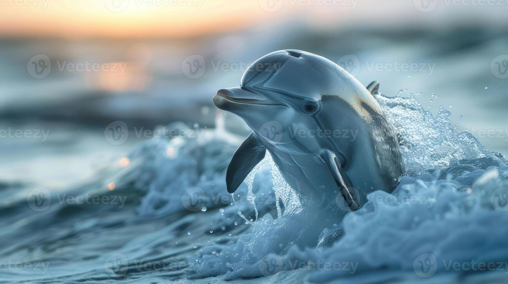 Playful dolphin leaping from ocean waves at sunset, with soft light reflecting on water photo