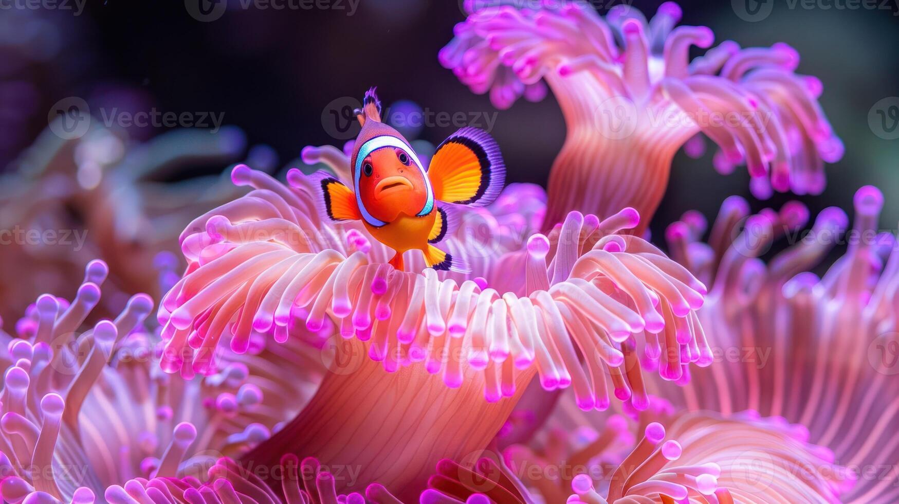 Vibrant clownfish swimming among colorful sea anemones in a lively coral reef ecosystem photo