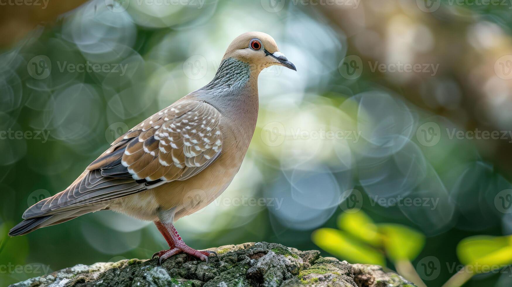 A close-up of a beautifully patterned bird perched on a mossy log, surrounded by vibrant greenery photo