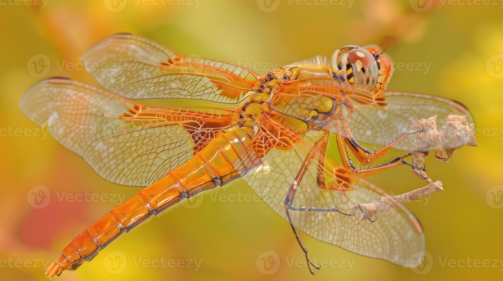 Vibrant orange dragonfly perched on a branch amidst a soft-focus yellow background, showcasing nature's beauty photo