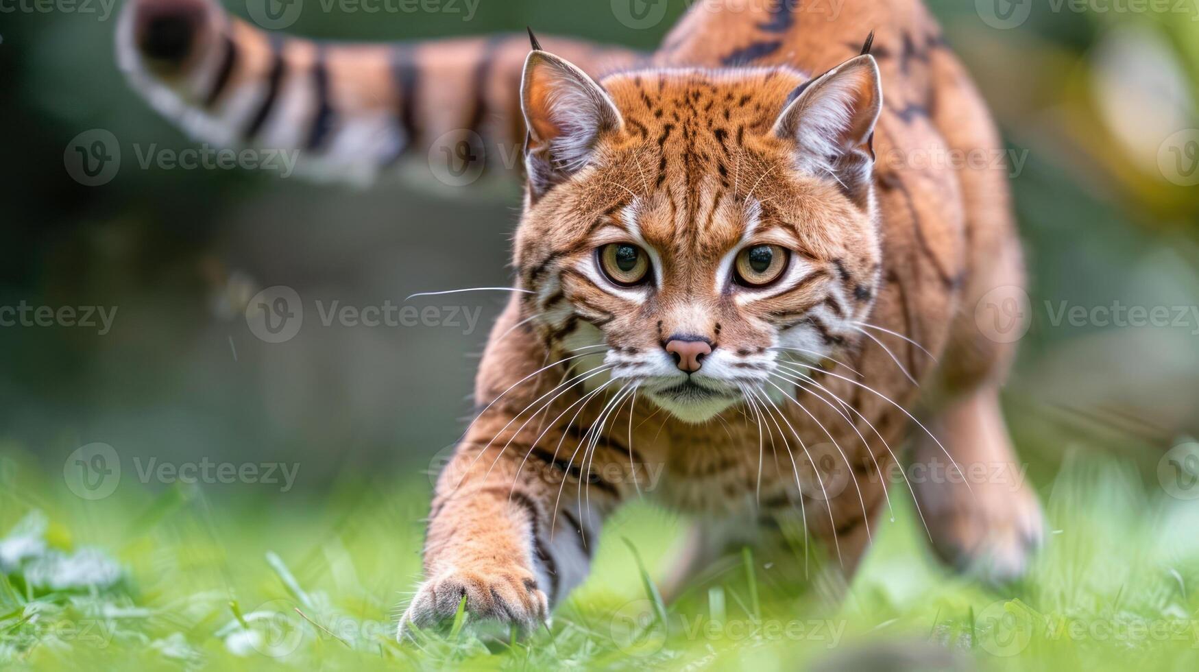 A majestic wildcat prowling through lush green grass in a serene natural habitat photo