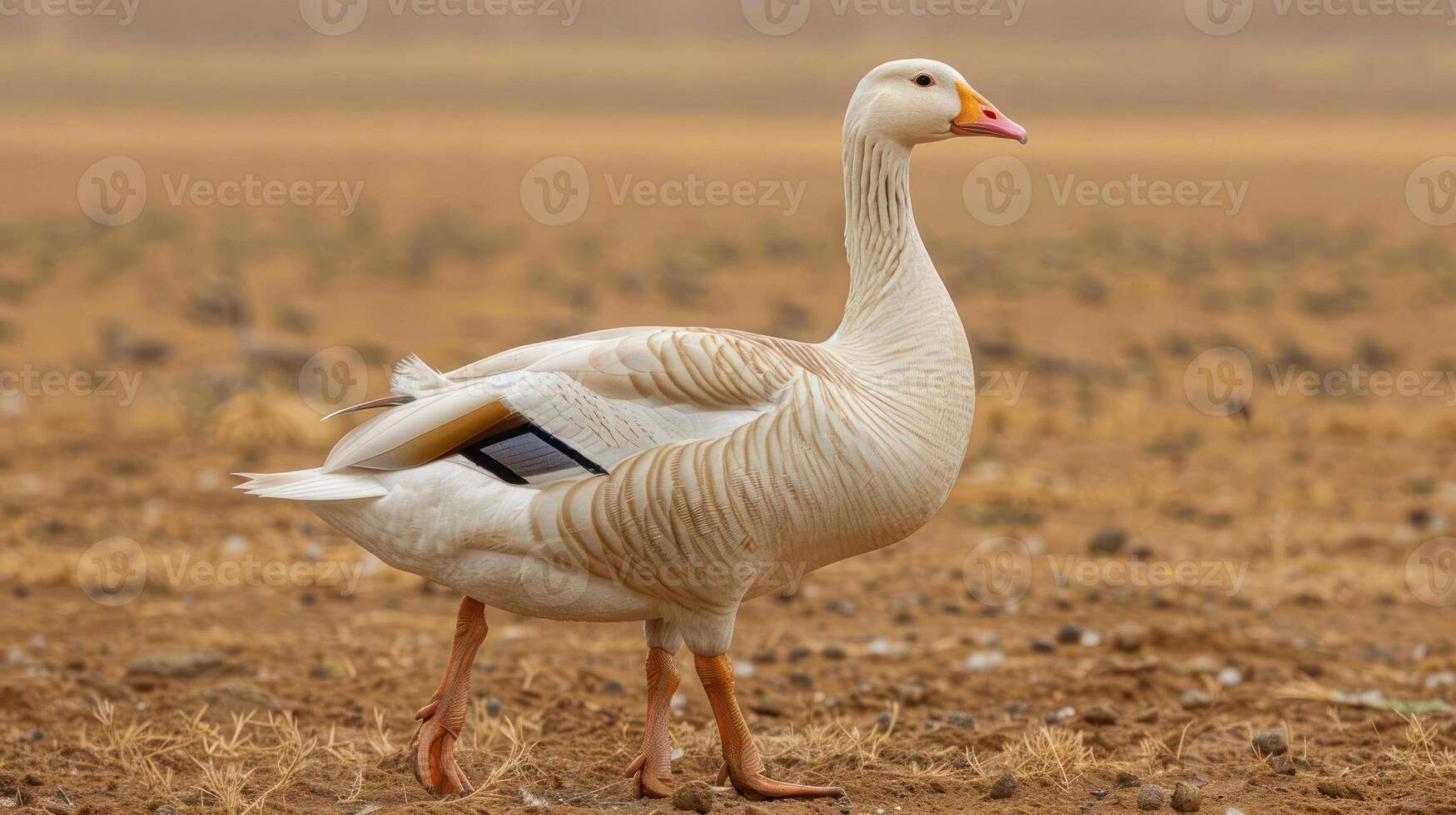 A graceful snow goose walking across a dry, barren landscape under a hazy sky photo