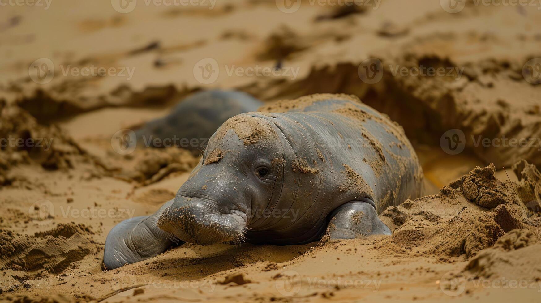 Young marine mammal resting on sandy shore, surrounded by natural landscape, with gentle waves photo