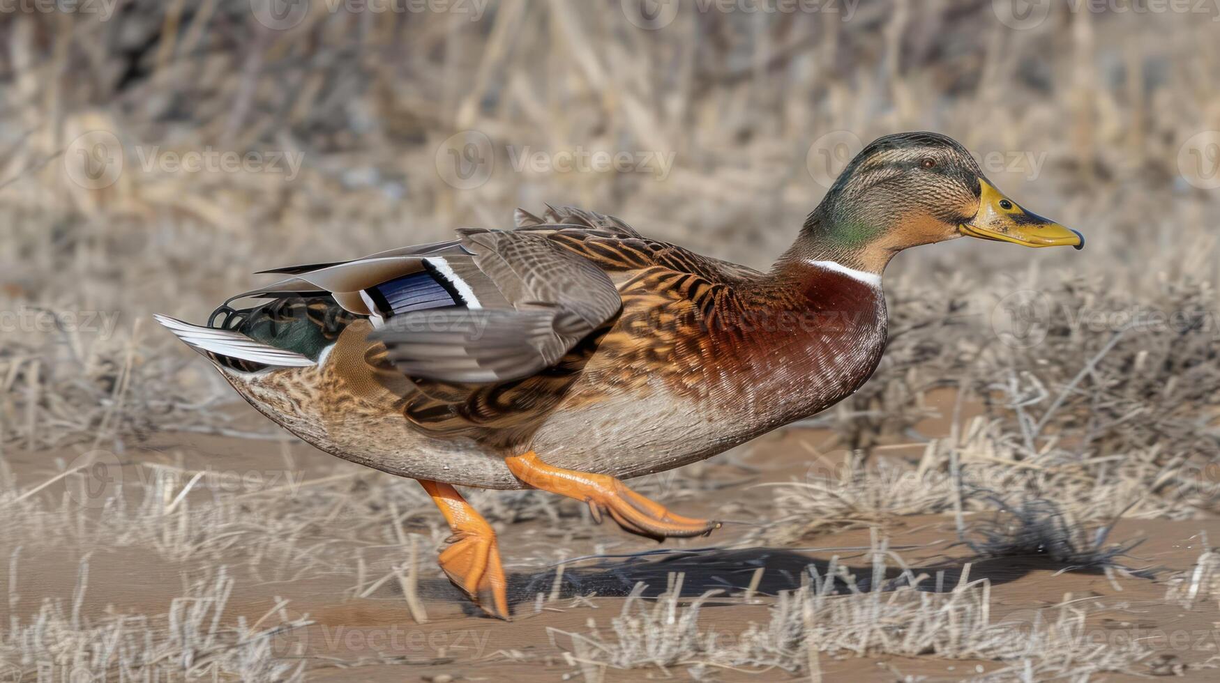 A vibrant mallard duck running across a sandy landscape with dry grass in the background photo