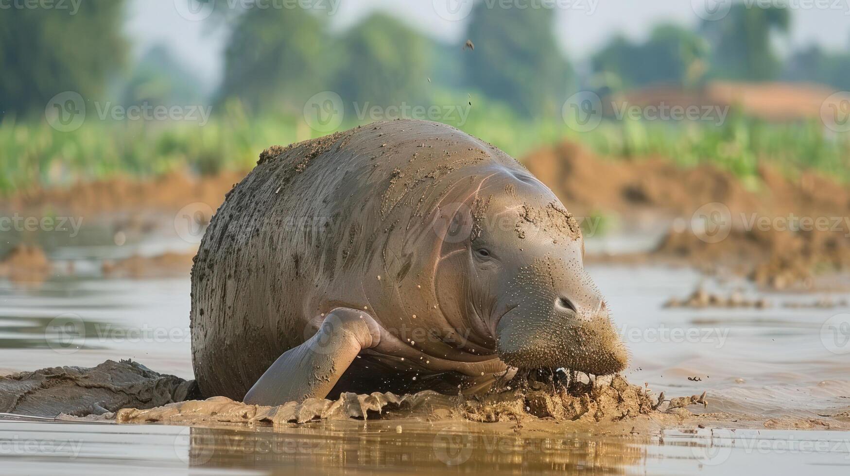 A manatee emerging from muddy waters in a serene natural setting with lush greenery in the background photo
