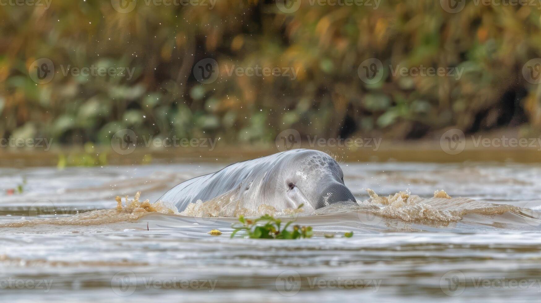 A river dolphin surfaces in muddy waters surrounded by lush greenery, showcasing its natural habitat photo