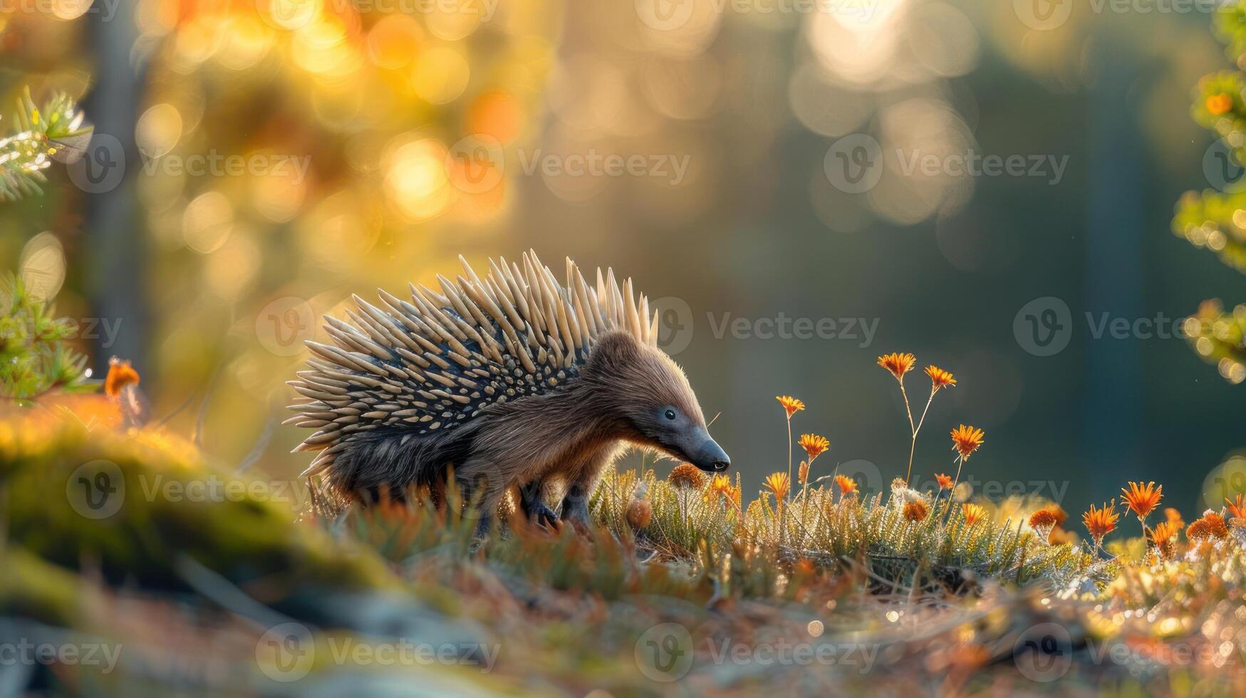 A curious echidna foraging among vibrant wildflowers in a serene, sunlit forest setting photo