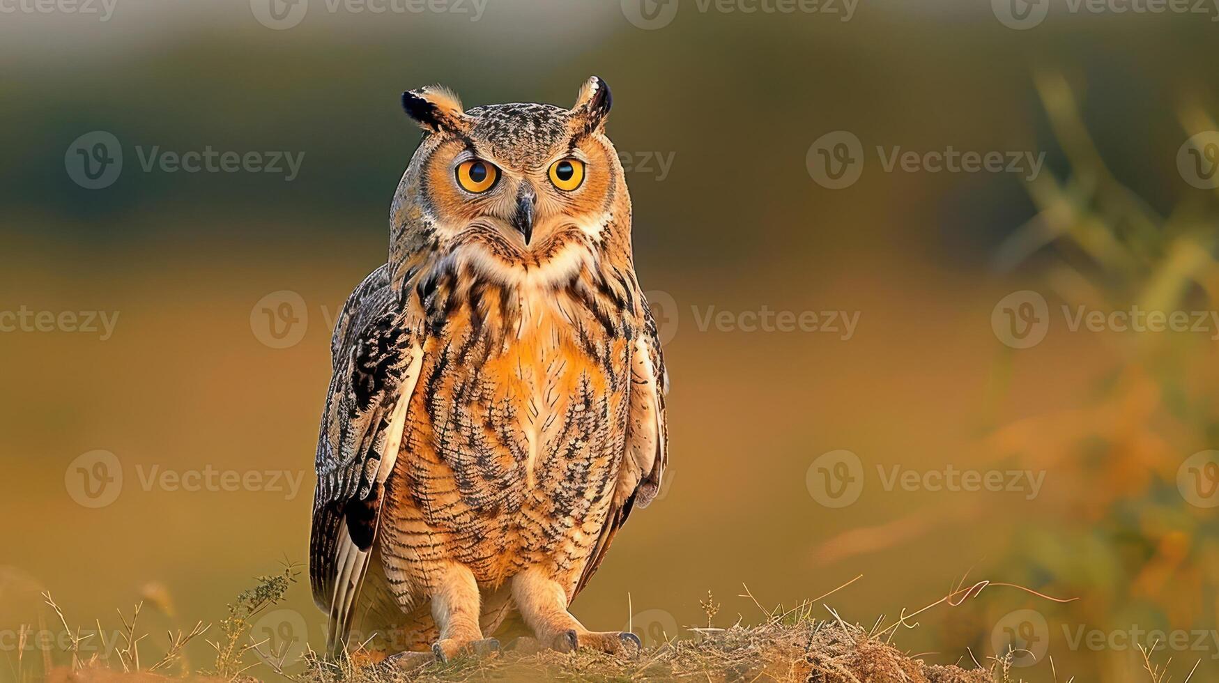 Majestic owl perched on a grassy mound at sunset, showcasing vibrant feathers and keen gaze photo