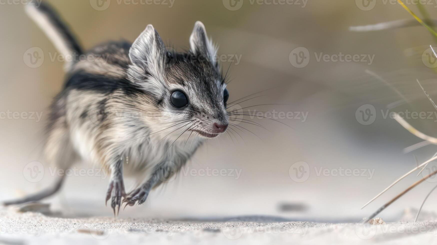 A small, agile mammal scurrying across a sandy landscape with blurred vegetation in the background photo