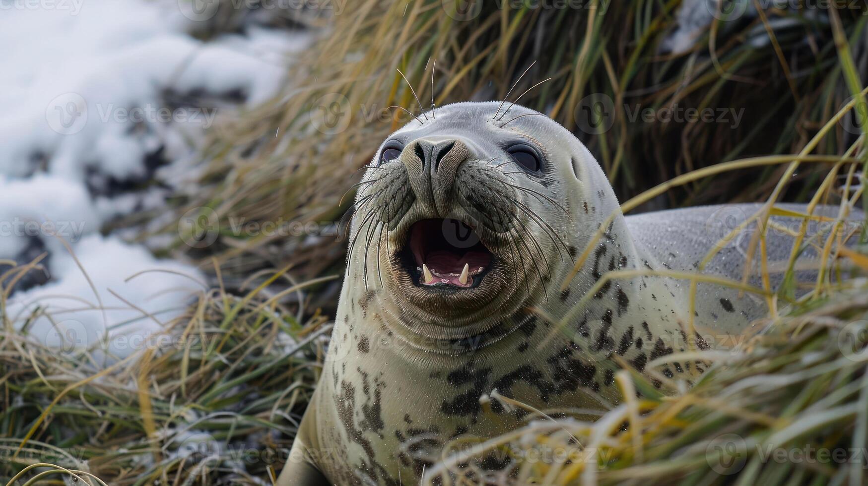 Seal basking in snowy grassland, showcasing its unique features and natural behavior photo