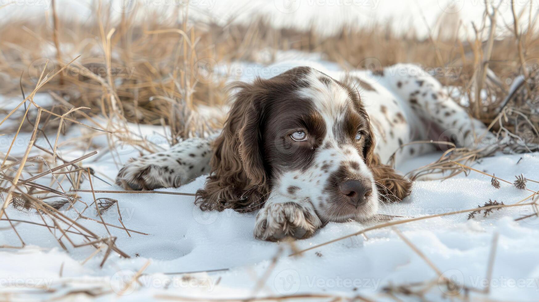 A relaxed dog with unique eyes resting in a snowy field surrounded by dry grass photo