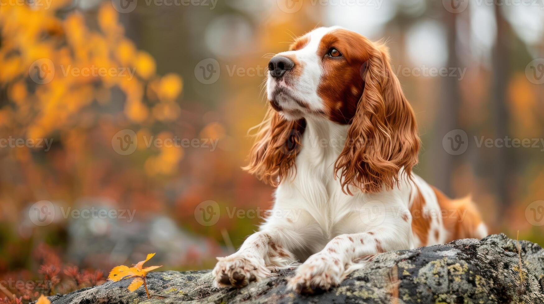 A serene spaniel dog resting on a rock amidst vibrant autumn foliage in a tranquil forest setting photo