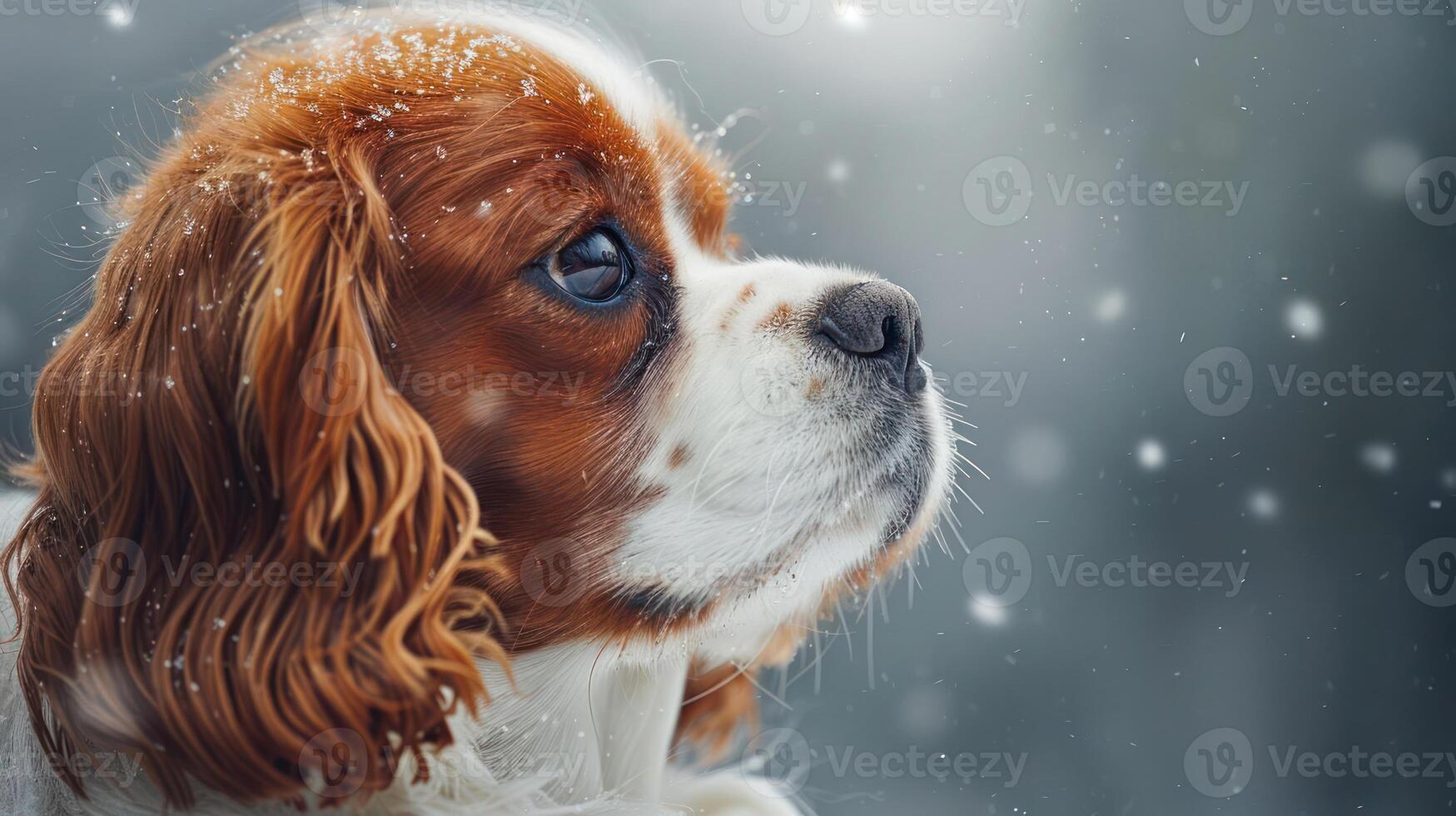 A Cavalier King Charles Spaniel gazes thoughtfully amidst falling snowflakes in a serene winter landscape photo