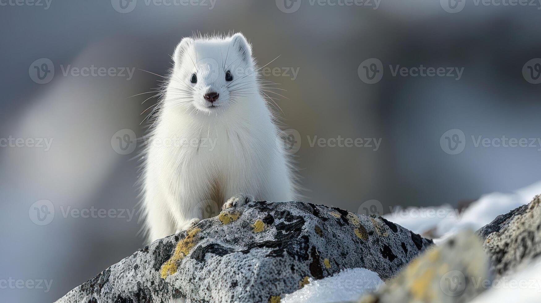White weasel perched on a rocky surface in a snowy landscape with blurred background scenery photo