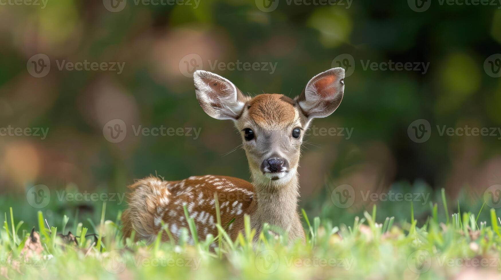 Young fawn gazing curiously in a lush green meadow surrounded by blurred trees photo