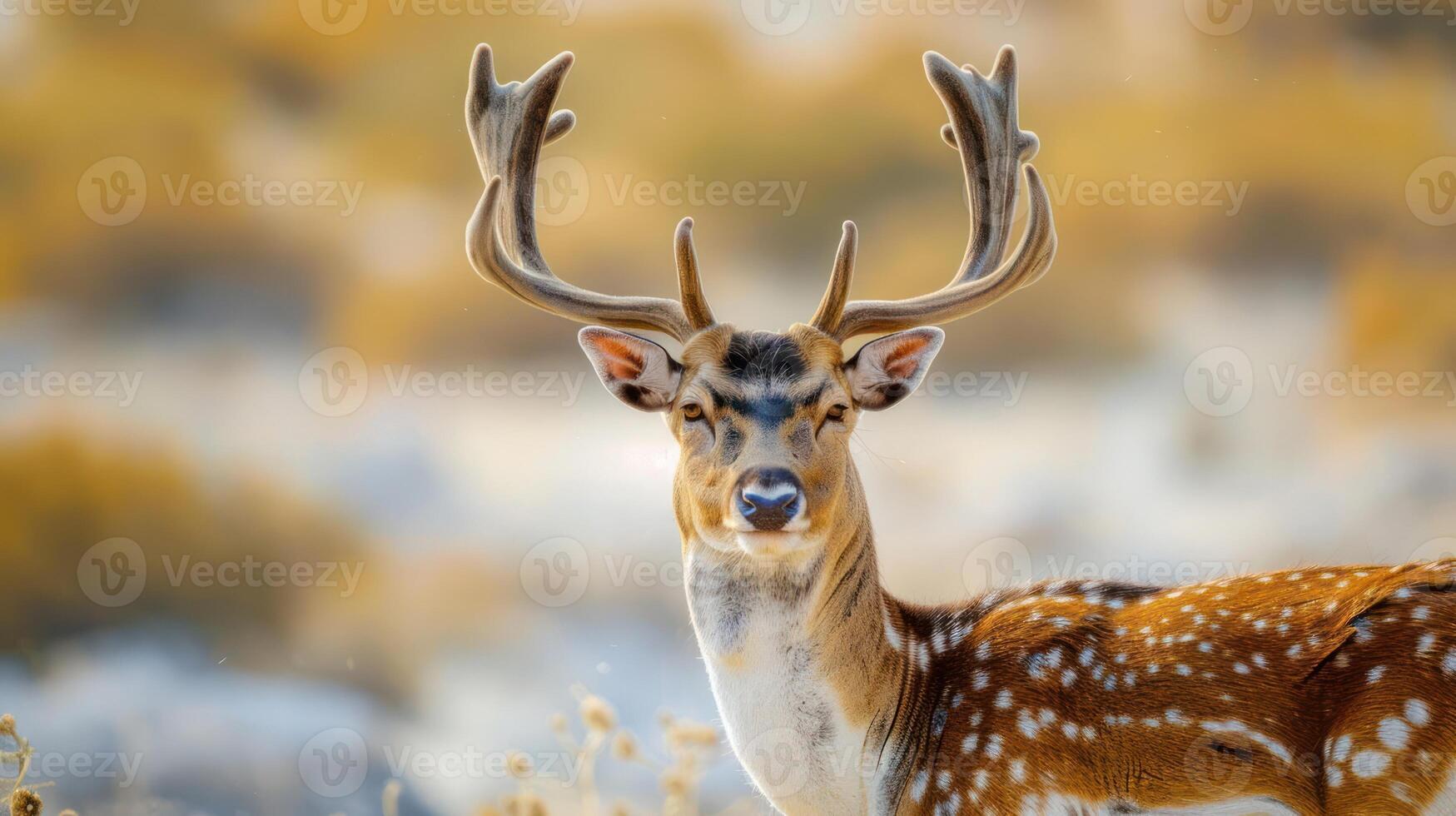 Majestic deer with antlers standing gracefully in a serene natural landscape during sunset photo