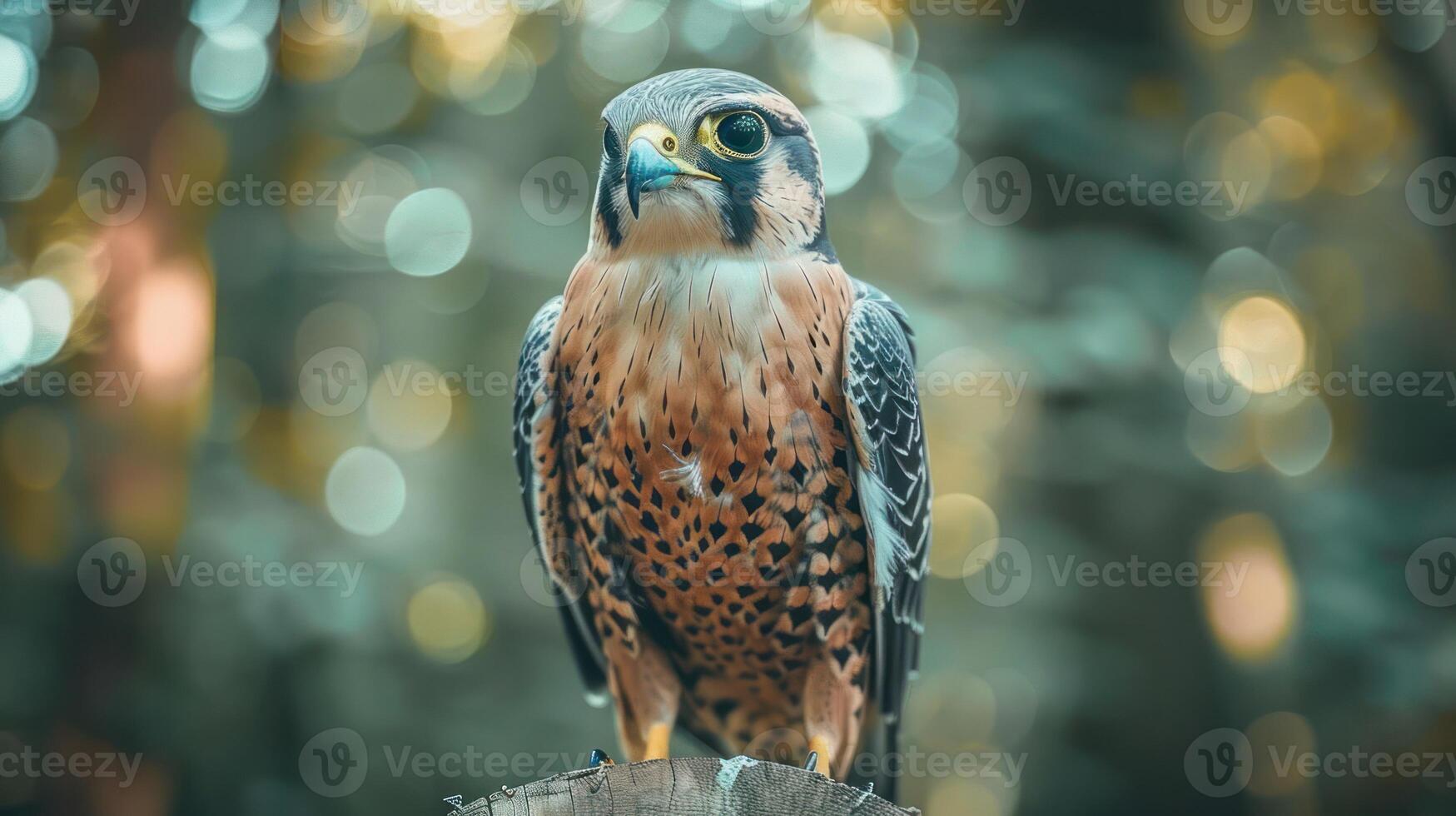 Majestic falcon perched on a log, surrounded by a blurred forest background, showcasing nature's beauty photo