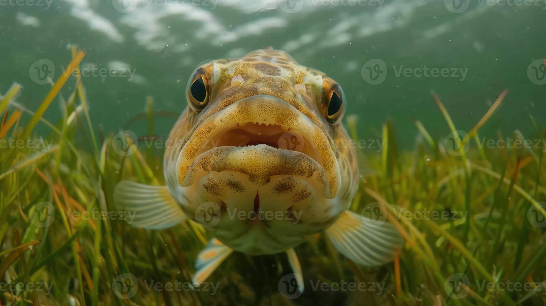 Underwater close-up of a curious fish amidst aquatic vegetation in a serene environment photo