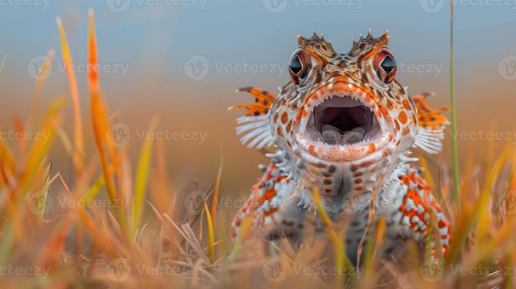 Close-up of a vibrant amphibian with an open mouth in a grassy field during twilight photo