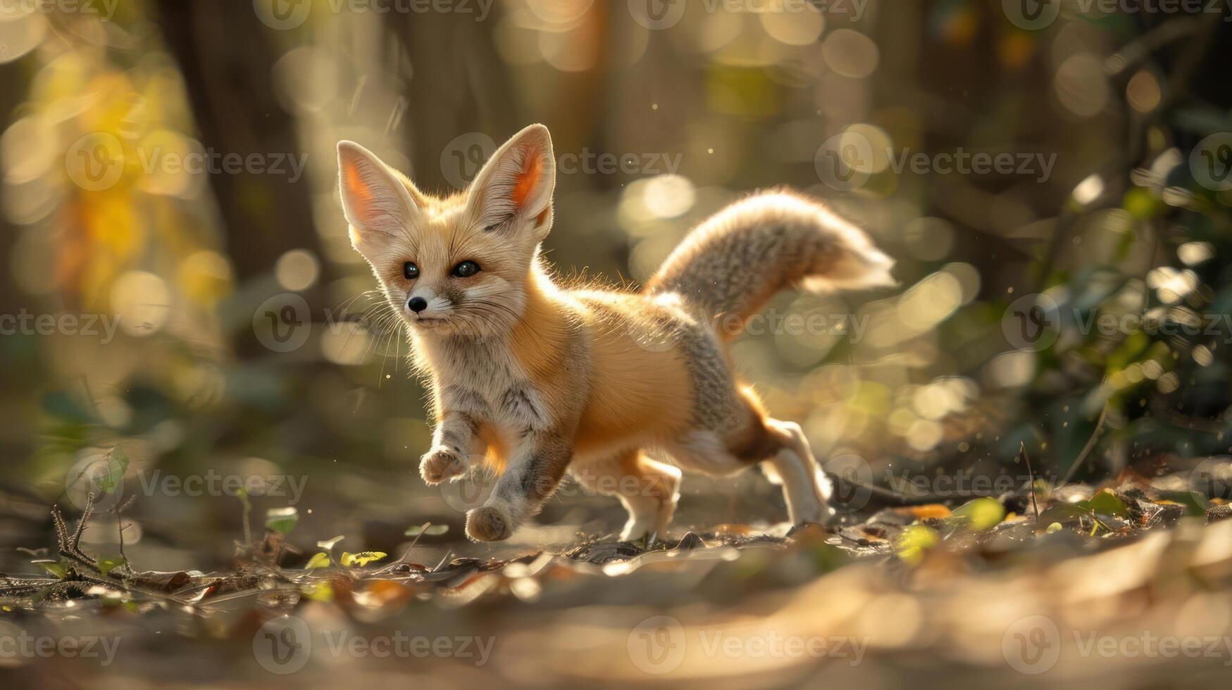 Playful fennec fox running through a sunlit forest with soft bokeh background photo