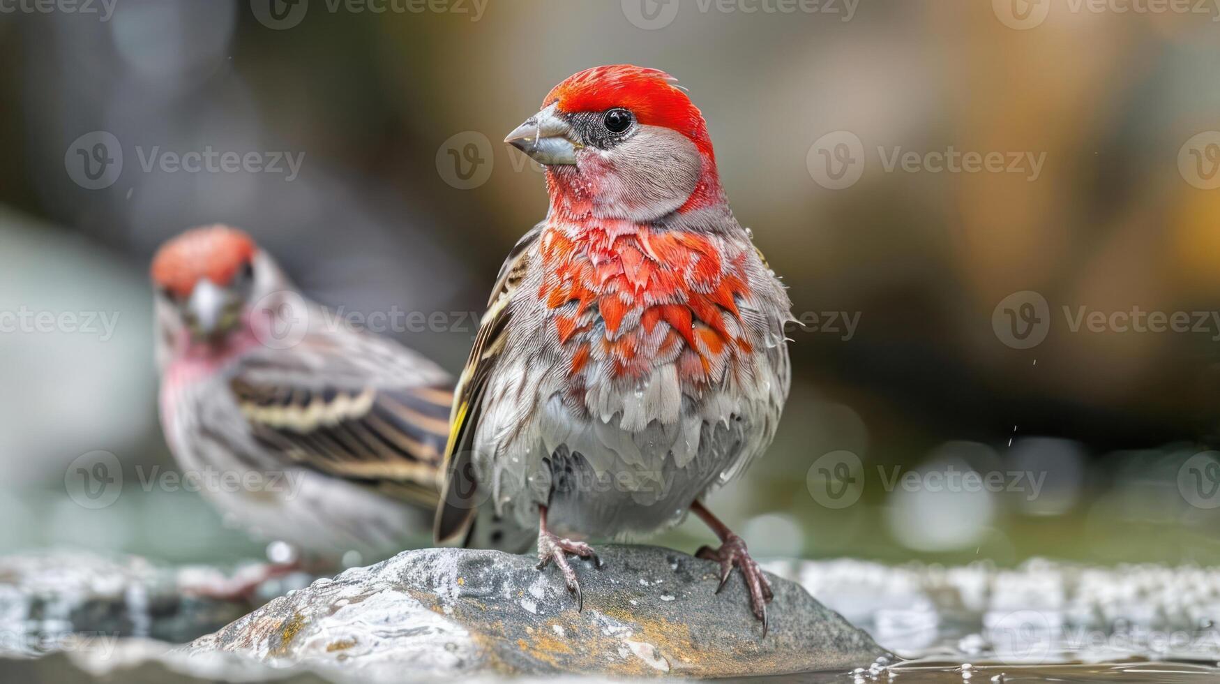 Vibrant male birds bathing in a serene natural setting with water droplets glistening photo
