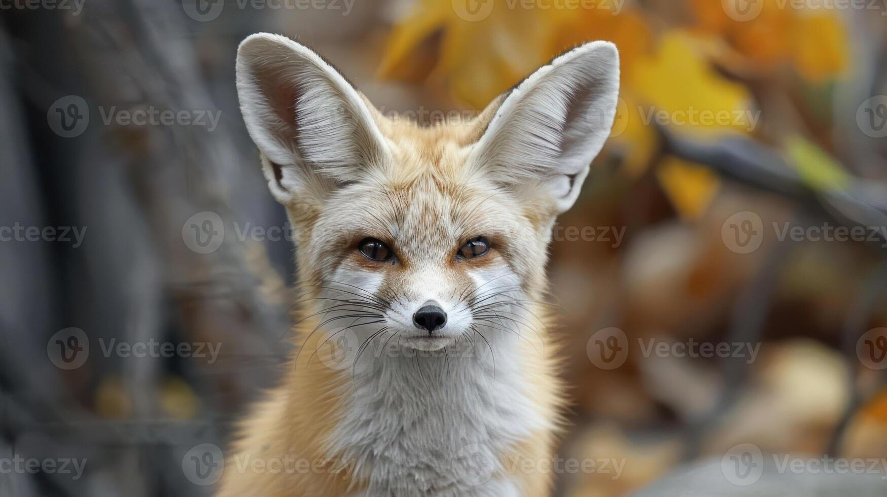 A close-up of a fennec fox with large ears, set against a backdrop of autumn foliage photo