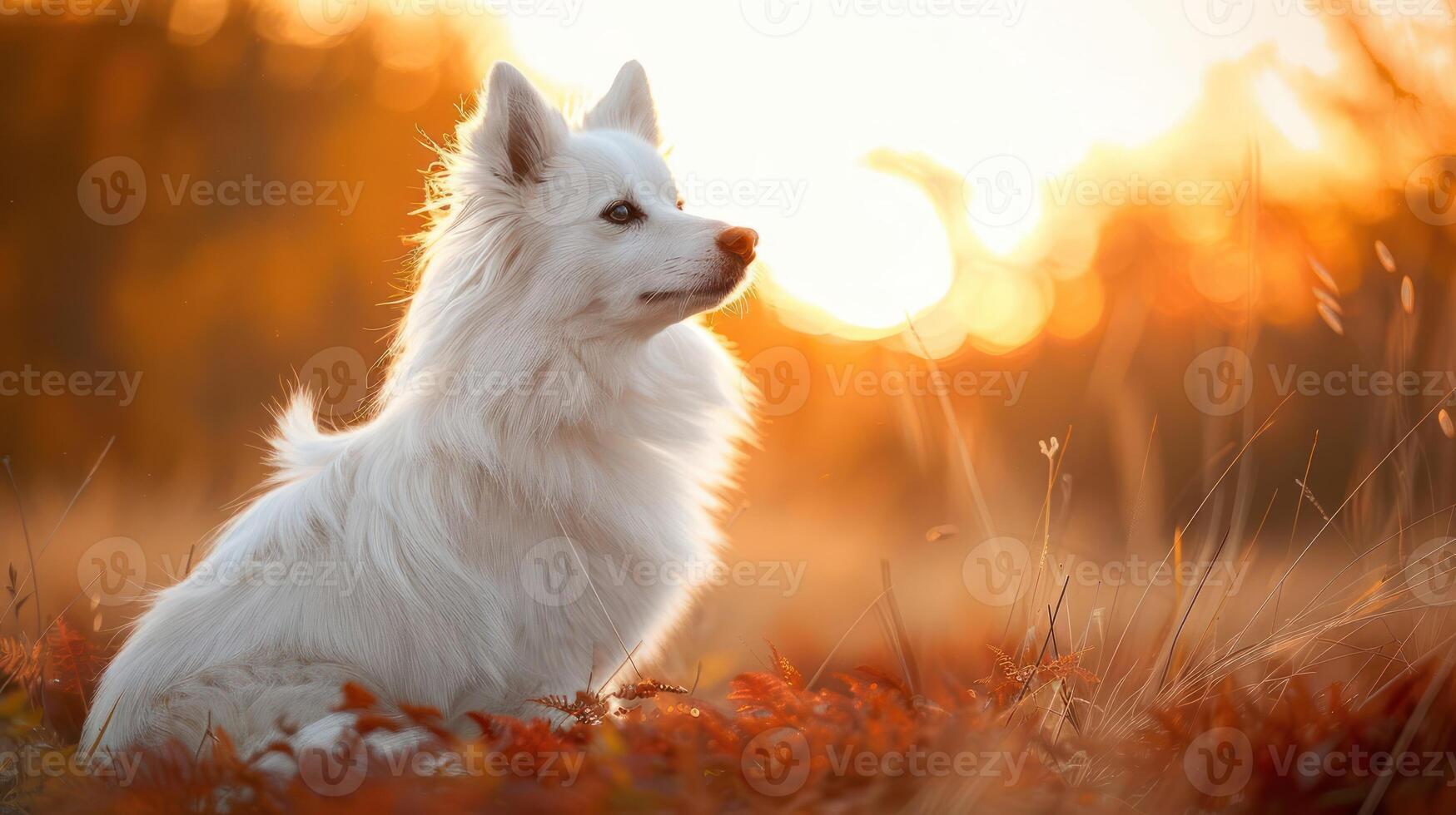Majestic white dog sitting in autumn foliage, basking in warm sunset glow with blurred background photo