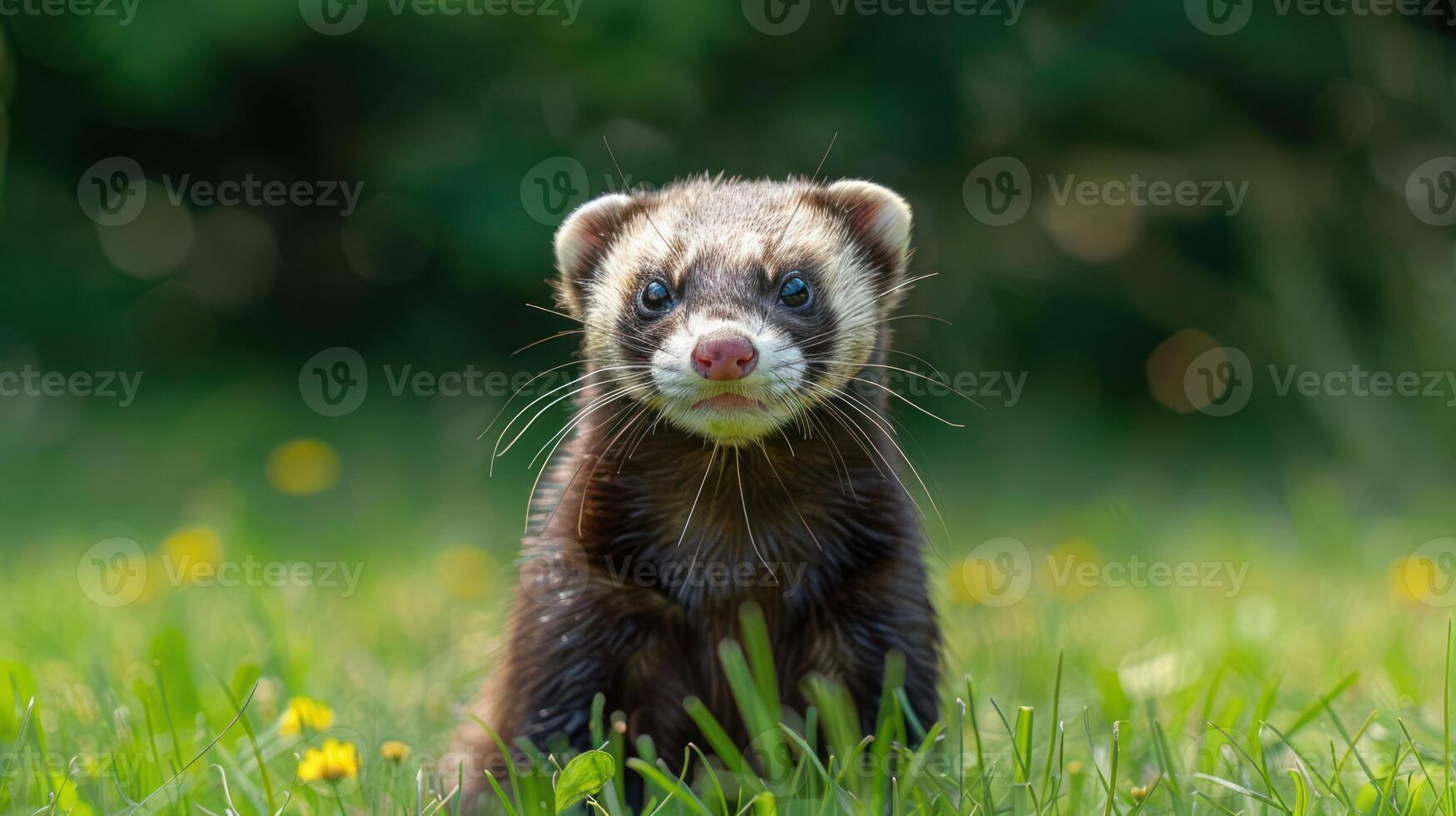 A curious ferret stands in a vibrant green field surrounded by wildflowers in sunlight photo