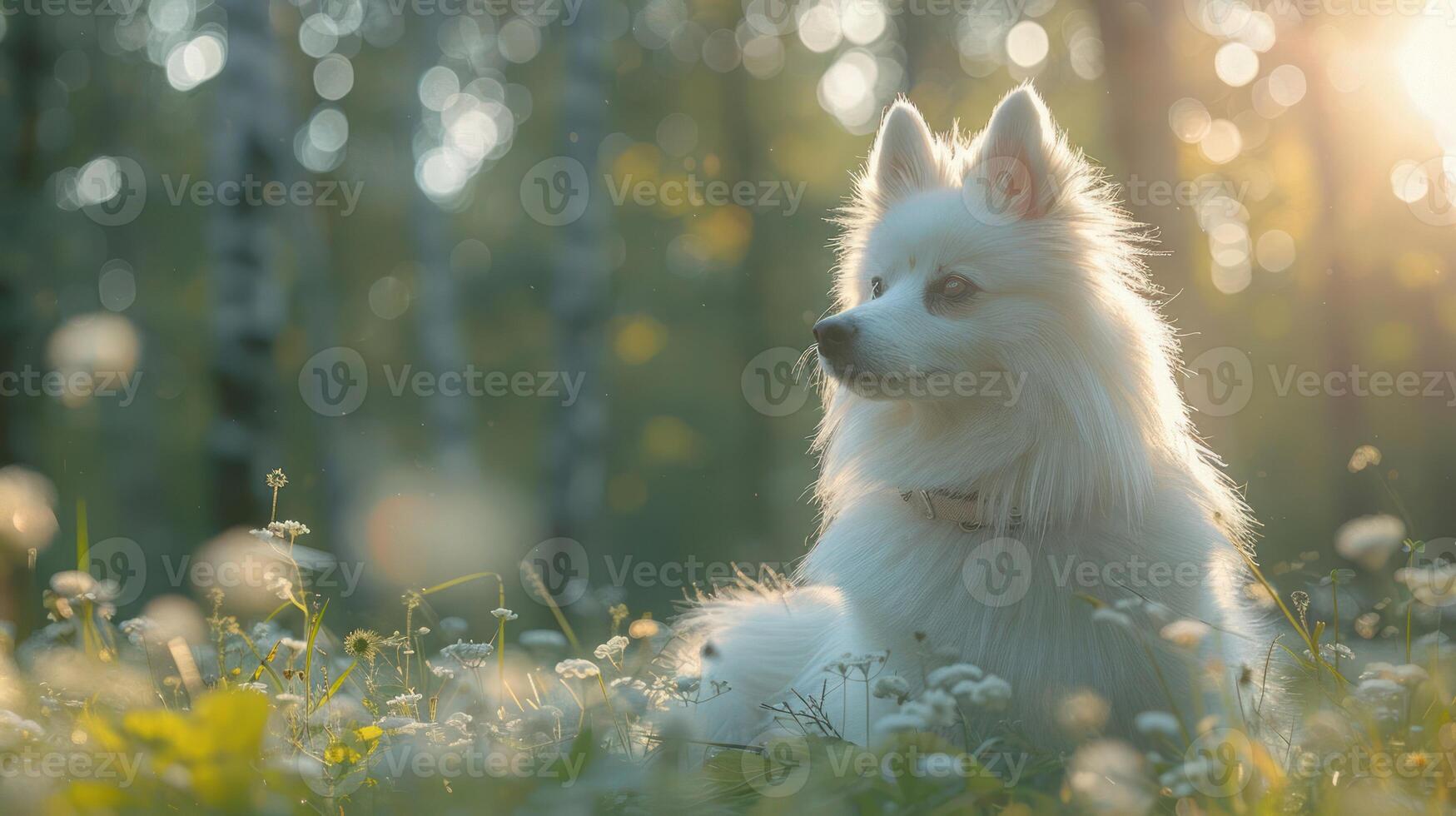 Serene white dog resting in a sunlit forest meadow surrounded by blooming flowers and greenery photo